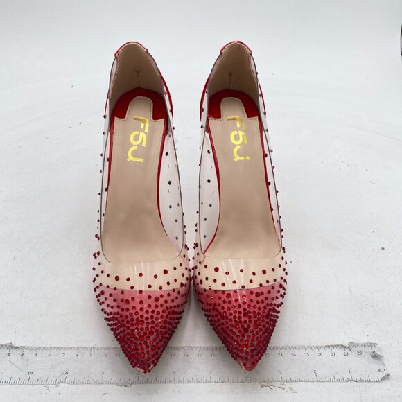 FSJ Red Studded Pointed Toe Transparent Pumps High Heels Shoes - Picture 3 of 8
